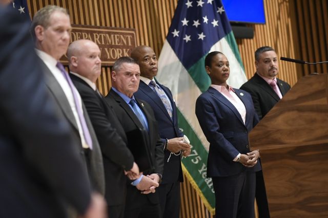 New York City Mayor Eric Adams and Police Commissioner Keechant Sewell announce the arrest of a suspect wanted in the fatal shooting of a fellow passenger aboard a Q train on Sunday.